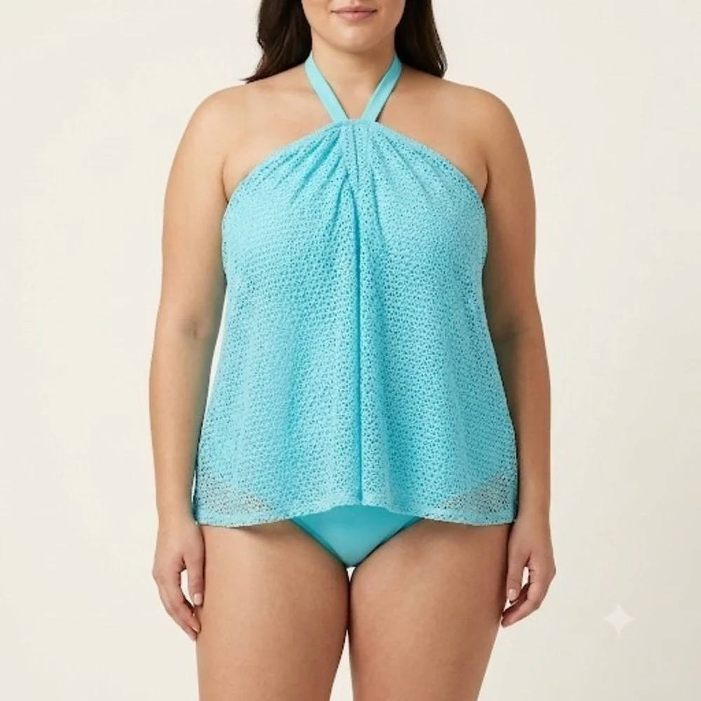 CATALINA Size 1X Aqua Blue Crochet Mesh Halter Tankini Swimsuit One Piece Beach